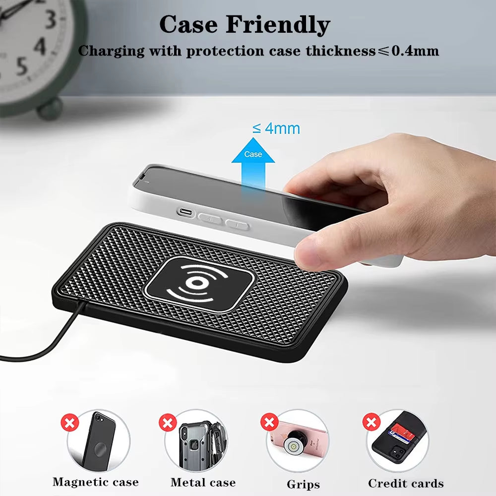 Fast Charging Car Wireless Charger for iPhone 16/15/14/13/12/X & Samsung S24/S23 - Silicone Pad Stand with 15W Power
